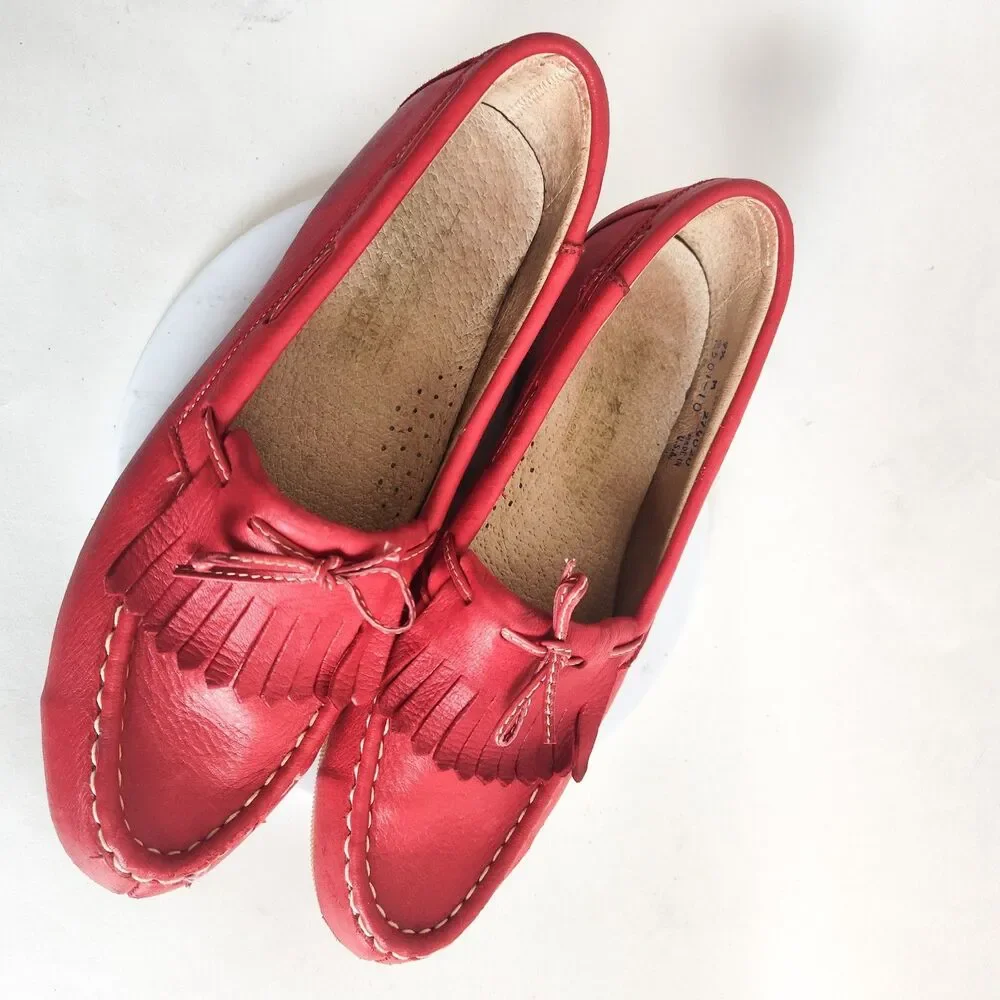 Deer Stag Red Leather Lining Upper Loafers Moccasins‎ Flats 9.5 Rubber Soles Vtg